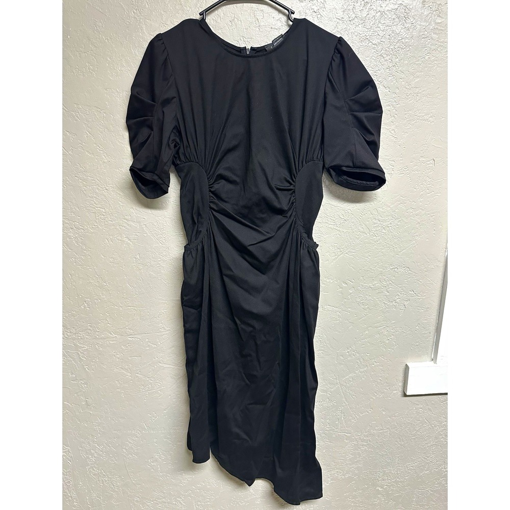 Gracia Black Ruched Puff Sleeve Midi Sheath Dress Pockets Zip Womens Size S